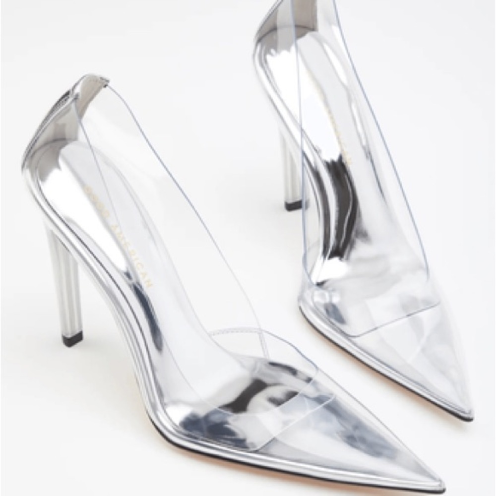 Good American Silver Clear Pointed Stiletto Pumps
